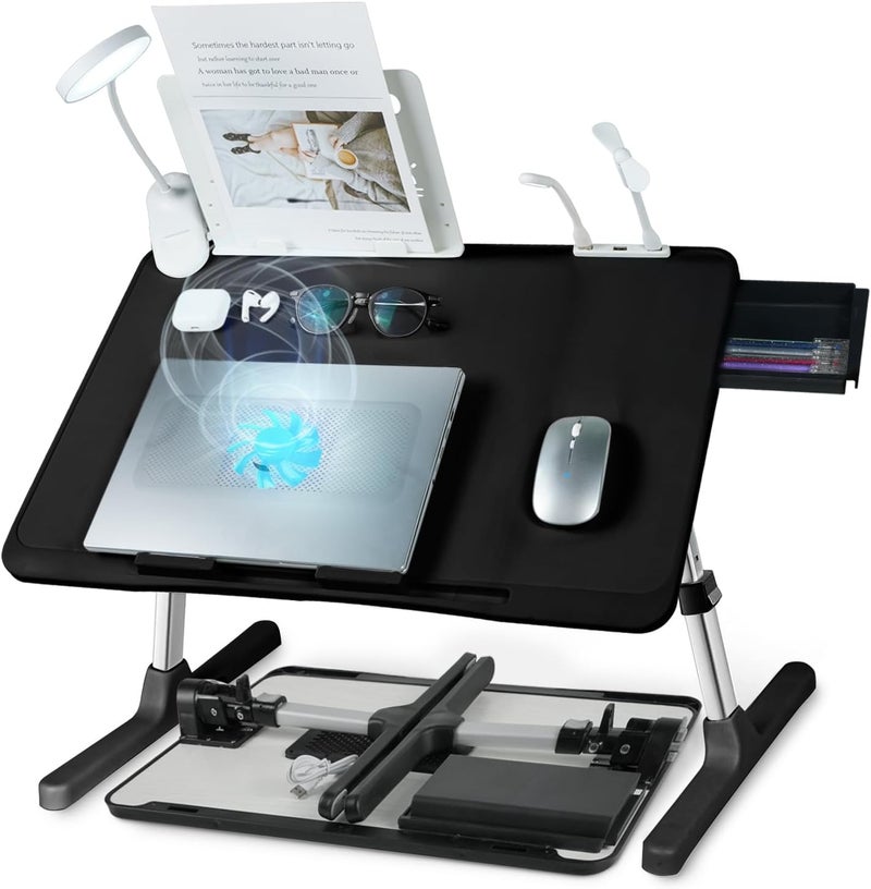 XTRA Laptop Lap Desk with Cooling Fan - Adjustable with Light, USB, Storage Drawer - Folding Bed Desk,23.62"*15.74",Black - Image 1